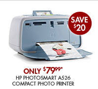 SEE THE HP PHOTOSMART A526 COMPACT PHOTO PRINTER: Just insert a camera memory card, view pictures on the 2.4" display and print! Use the red eye removal button to easily fix images.