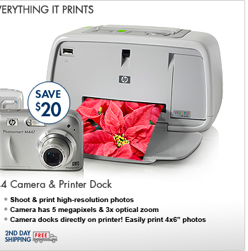 SEE THE HP PHOTOSMART A444 CAMERA & PRINTER DOCK: Shoot and print high-resolution photos with this 5 megapixel, 3x optical zoom camera. Print images irectly from memory cards, without a PC!