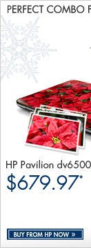 SEE THE HP PAVILION dv6500t NOTEBOOK PC WITH MOBILITY COMBO: Get an HP Pavilion dv6500t Notebook PC, HP Notebook Messenger Case, HP Wireless Laser Mini Mouse, HP Skin and 100 FREE Snapfish prints, all for one great price!