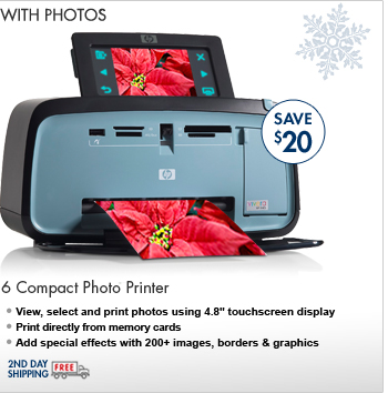 SEE THE HP PHOTOSMART A626 COMPACT PHOTO PRINTER: One-touch printing is at your fingertips with the 4.8" color touchscreen. Add creative touches with the included album layouts, frames, graphics, and effects.
