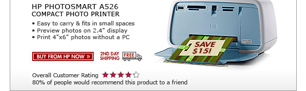 SEE THE HP PHOTOSMART A526 COMPACT PHOTO PRINTER: Easy to carry and fits in small spaces! Preview photos on the 2.4 inch display and print 4 inch x 6 inch photos without a PC!