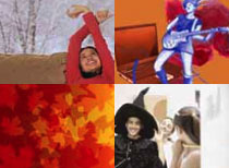 Girl with autumn leaves, girl with guitar, fall leaves, party goers in costumes