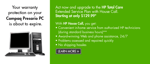 Your warranty protection on your Compaq Presario PC is about to expire. | Learn more.