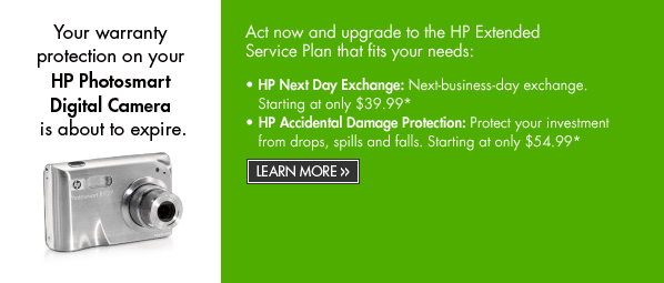 Your warranty protection on your HP Photosmart Digital Camera is about to expire. | Learn more.
