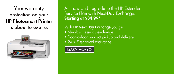 Your warranty protection on your HP Photosmart Printer is about to expire. | Learn more.